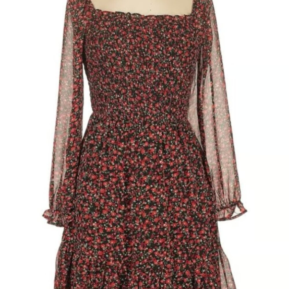 Lily Rose Smocked Black Red Floral Small Mini Dress - Picture 11 of 12